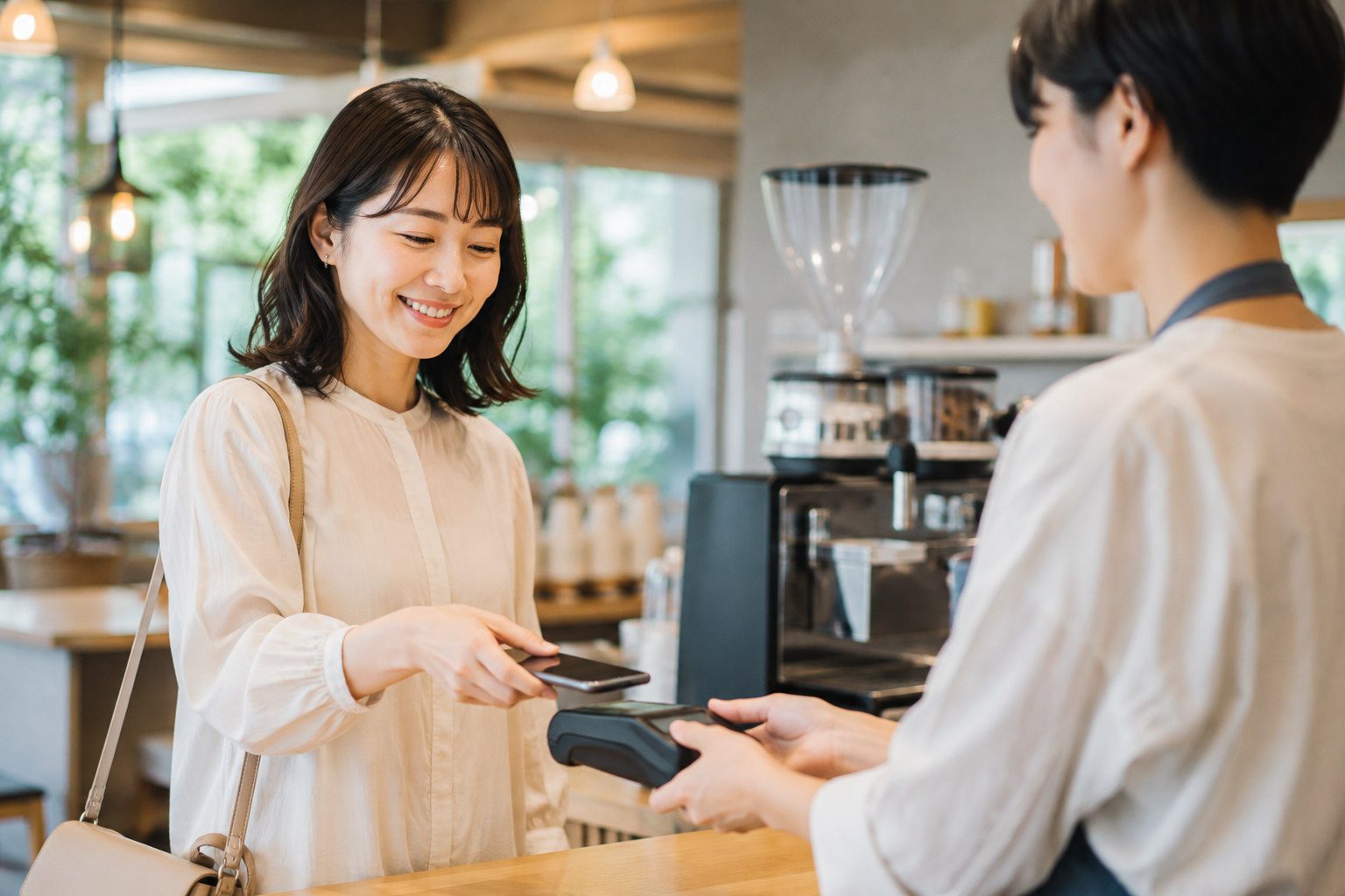カフェでスマートフォンを使って支払う日本人女性のイメージ