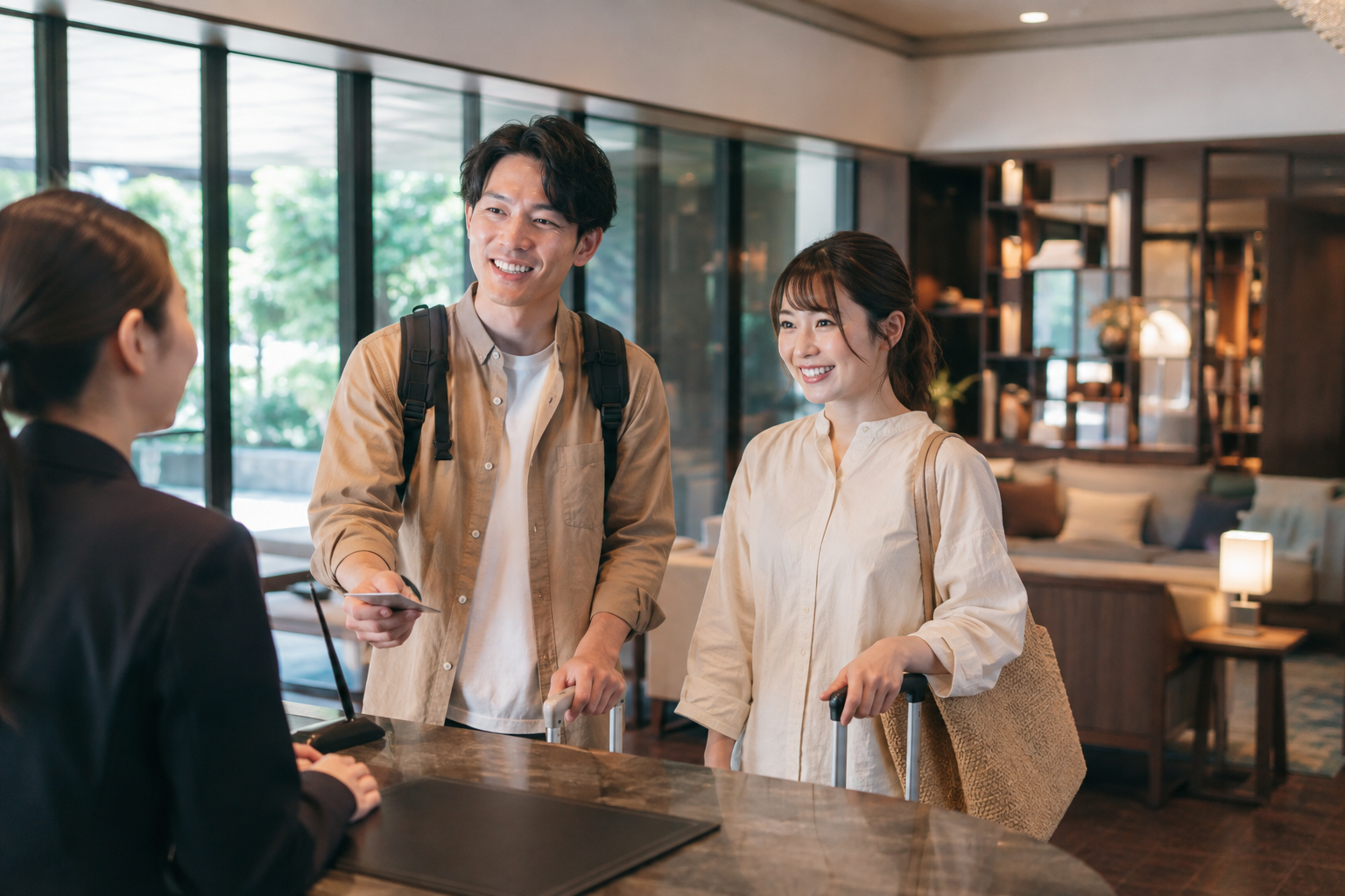 旅行先のホテルでチェックインする日本人男女のイメージ