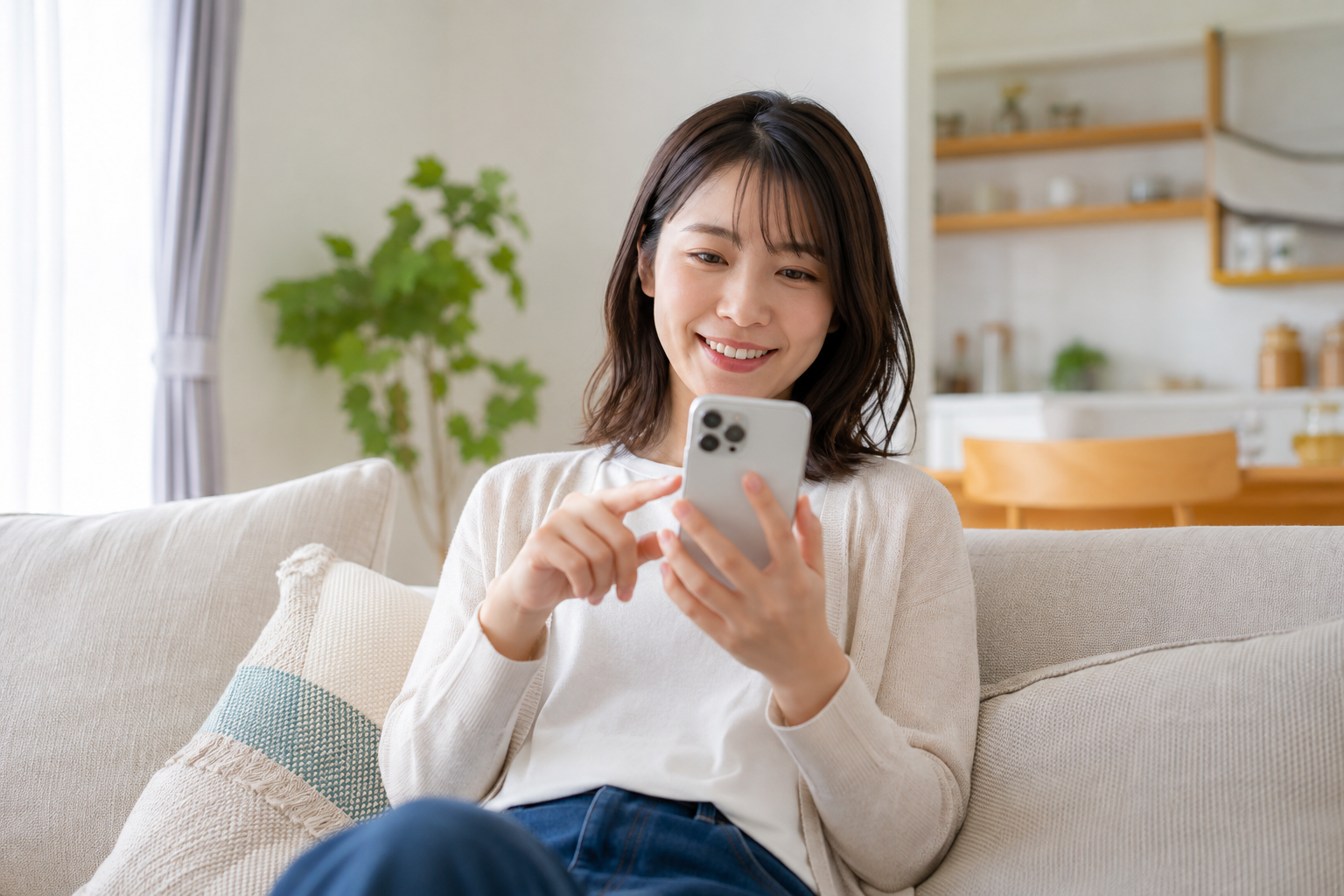 自宅のソファでスマートフォンを使う日本人女性のイメージ